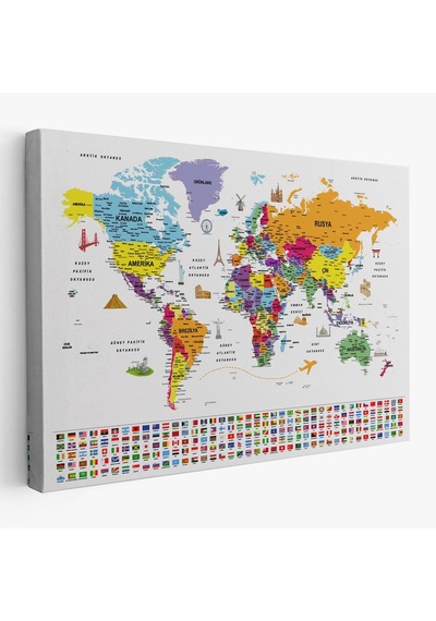 Es10 Türkçe Dünya Haritası Ayrıntılı Eğitici Sembollü Bayraklı Dekoratif Kanvas Tablo 2834 (95 x 165)