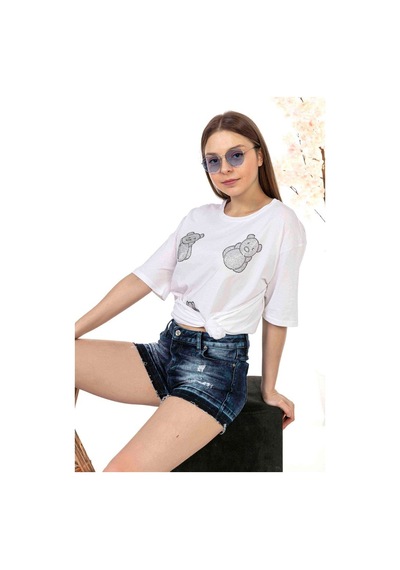 Kadın Oversize Taş Işlemeli Minik Ayıcık Baskılı Tshirt (534304862)