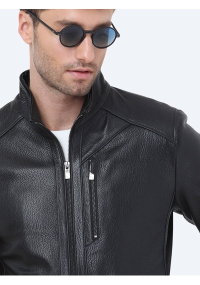 Kip Siyah Regular Fit Kapüşonlu Smart Casual Koyun Derisi Deri Mont