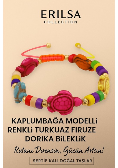 Sertifikalı Kaplumbağa Dorika Turkuaz Firuze Taşı Bileklik Dire Çok Renkli