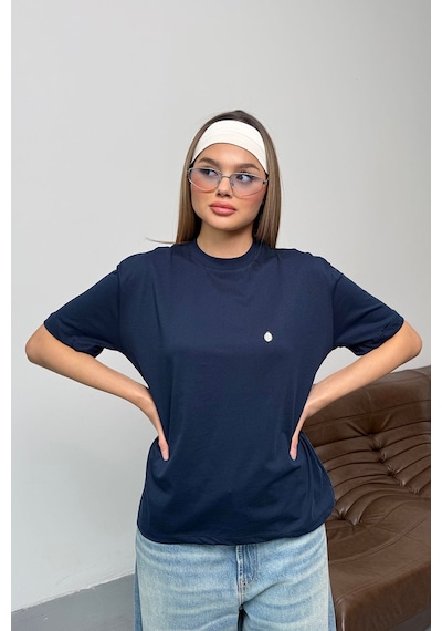 Giysa Kadın Gümüş Aksesuar Detaylı Pamuklu T-shirt Lacivert - 26y 26510