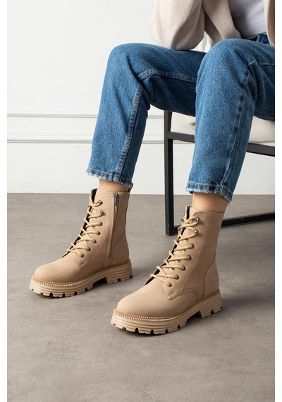 Shoetek Olsima Kadın Bot Bağcıklı Fermuarlı Mat Nut Deri Nut Cilt