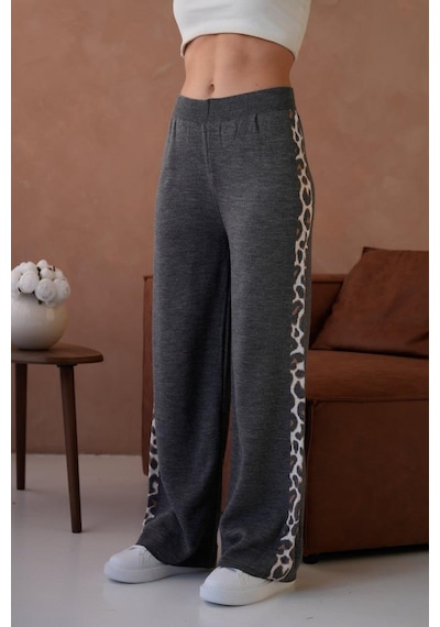 Relax Mode Kadın Leopar Şerit Detaylı Örme Pantolon - 12026r Antrasit