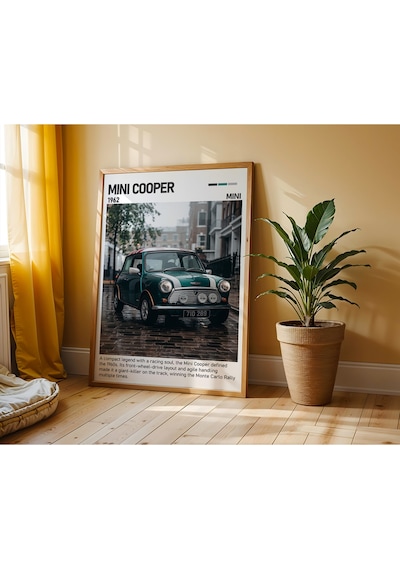 Mini Cooper Classic Ahşap Çerçeveli Poster Tablo Retro Şehir Aracı