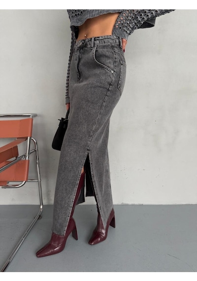 Zeo Basic Yanlardan Yırtmaçlı Füme Jean Maxi Etek Siyah/Füme