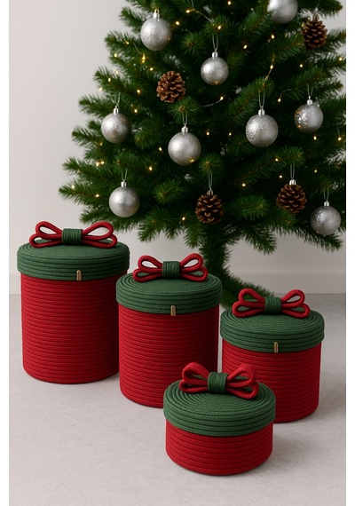 Mavaux Christmas 4 Lü Jüt Halatlı Dekoratif Hediye Sepeti Seti Kırmızı Yeşil Noel Sepeti Çok Renkli 4'lü