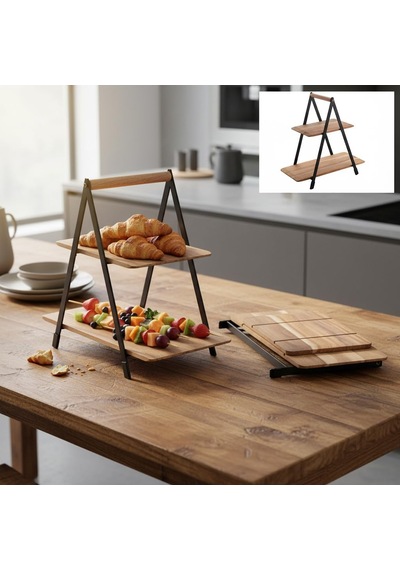 2 Katlı Akasya Ahşap Sunum Standı - Silikon Kaplamalı Siyah Metal Gövdeli Meyvelik Kurabiyelik Kahve Köşesi Ve Mutfak Banyo Düzenleyici Organizer 16 X 26.5 X 34 Cm Çok Renkli