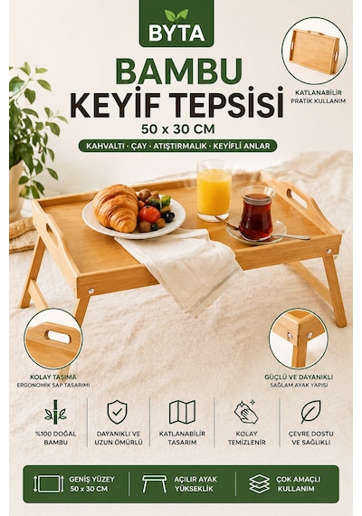 Katlanabilir Bambu Keyif Tepsisi 50x30 Cm Yatak Tepsisi, Kahvaltı Servis Sehpası Ekru