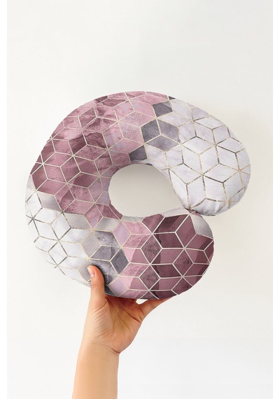Geometrik Modern Desenli Boyun Yastığı - Altın Çizgili Pembe Gri Yumuşak Seyahat Yastığı Koyu Kanyon Kabak