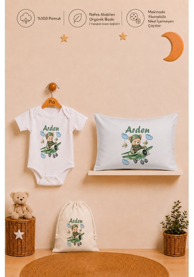 Pia Baby İsme Özel Erkek Bebek Hediyesi %100 Pamuk Organik Baskılı Body Yastık Kılıfı Ve Ham Bez Kıyafet Kesesi 1014byk2x Ekru