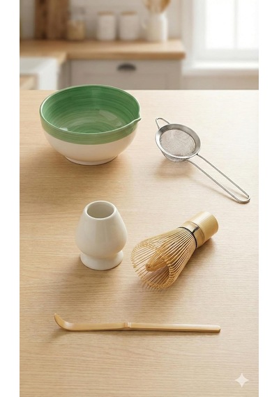 5 Parça Profesyonel Matcha Hazırlama Seti - Çelik Süzgeç, Bambu Çırpıcı, Kase, Tutucu Ve Kaşık çok renkli
