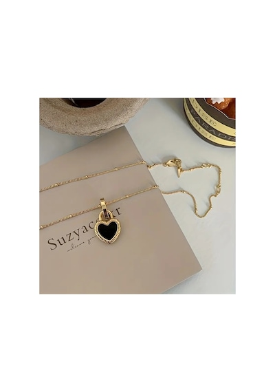 Shade - Çift Taraflı Siyah Beyaz Kalp Paslanmaz Çelik Unisex 14 Şubat Özel Tasarım Hediye Kolye Gold