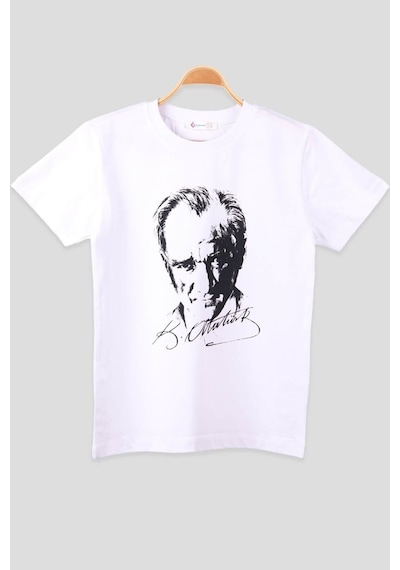 Nacar Store Çocuk Beyaz Mustafa Kemal Atatürk Baskılı Tişört Arkası Imzalı