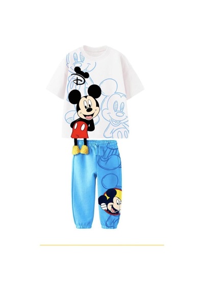 Unisex Çocuk Eğlenceli Mickey Sarkık Detaylı Mavi Renk Pamuklu T-shirt Eşofman Alt Üst Takım Mavi Unisex Çocuk Eğlenceli Mickey Sarkık Detaylı Mavi Renk Pamuklu T-shirt Eşofman Alt Üst Takım Mavi
