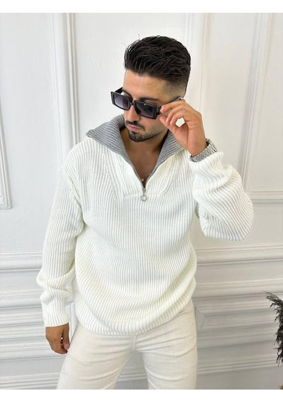 Elku Moda Kazak Dik Yaka Fermuarlı Örme Pamuk Tüylenmeyen Oversize Salaş Tarz Triko Kazak Beyaz Elku Moda Kazak Dik Yaka Fermuarlı Örme Pamuk Tüylenmeyen Oversize Salaş Tarz Triko Kazak Beyaz