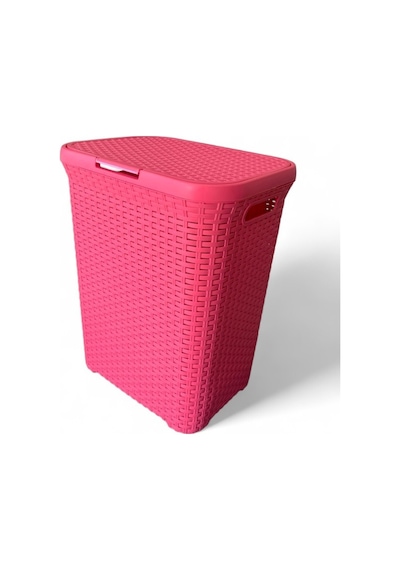 Pembe, Hasır Desenli Kapaklı Çamaşır Sepeti 55x43x33cm