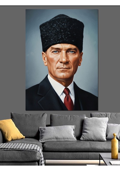 Kalpak Şapkalı Mustafa Kemal Atatürk Portresi Dekoratif Kanvas - Mdf Ahşap Tablo