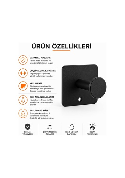 Orret Home Tekli Yapışkanlı Metal Siyah Askı, Delmeden Duvara Mon