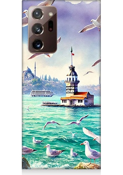 Samsung Galaxy Note 20 Ultra Uyumlu Martılar Arasında Kız Kulesi Desenli Silikon Kılıf Çok Renkli