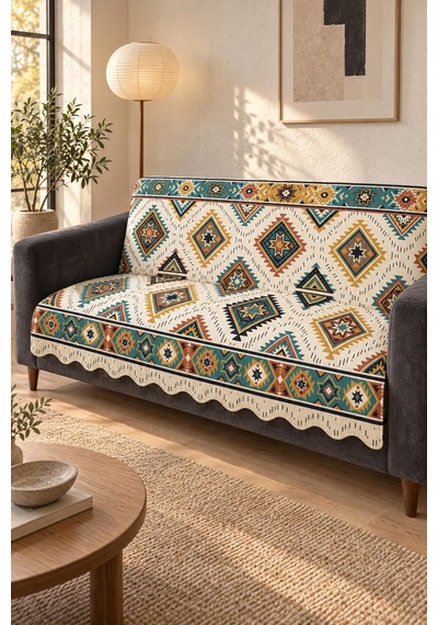 Çok Amaçlı Kadife Koltuk Örtüsü Kaymaz Süngerli 165x215 Cm Modern Bohem Çekyat Şalı Piknik Masa Örtüsü Alk9 krem