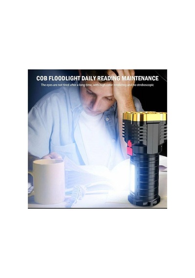 Ultra Parlak El Feneri Usb Şarj 4 Led+yan Cob Led Taktik Günlük Hayat Kamp Avcılık El Feneri Siyah