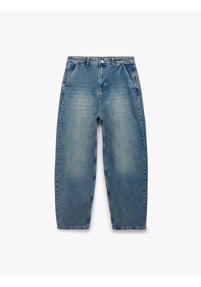 Koton Pamuklu Cepli Oversize Normal Bel Bol Skater Jean Pantolon Orta İndigo 6sam40369nd