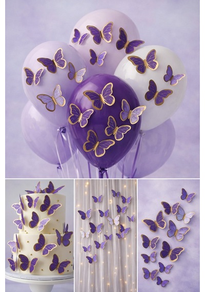 63 Adet Mor 3d Kelebek Süs Seti 4 - 6 CM Yapışkan Dahil Balon Pasta Duvar Dekoru
