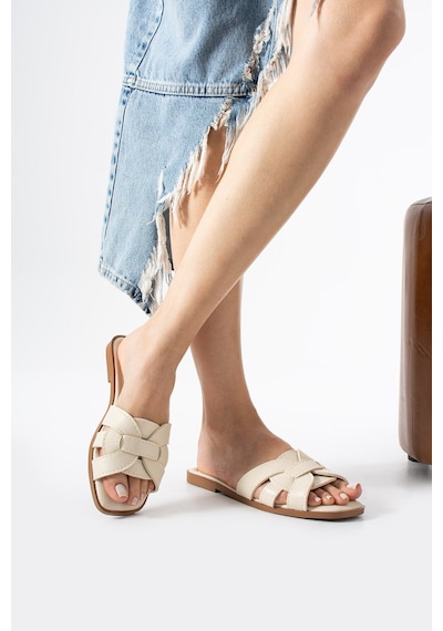Dabab Shoes Lında Kadın Krem Kare Burun Örgü Bantlı Düz Taban Günlük Terlik