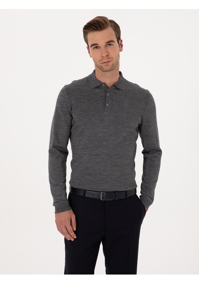 Cacharel Füme Slim Fit Yün Karışımlı Polo Yaka Basic Triko Kazak Gri