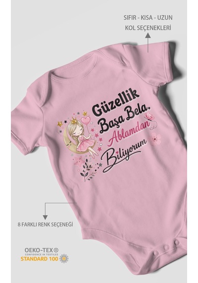 Morivokids Güzellik Başa Bela Ablamdan Biliyorum Kısa Kollu Bebek Body %100 Pamuk Koyu Pembe