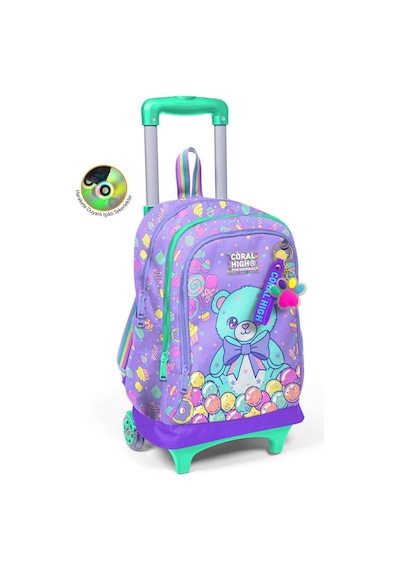 Coral High Kız Çocuk Mor Yeşil Ayıcık Desenli Işıklı Tekerlekli Çekçek Okul Çantası - 34005 Çok Renkli
