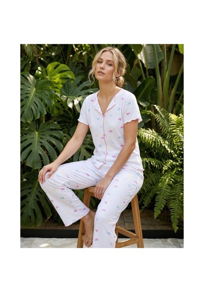Siyah İnci Fitilli Kaşkorse Örme Pijama Takım 26120553 Beyaz Renkli Kalp