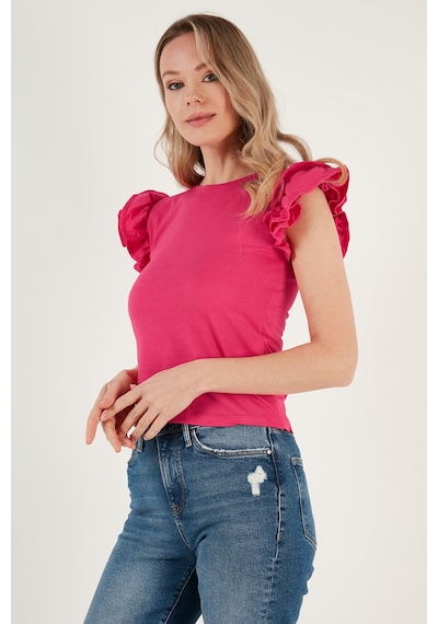 Lela Pamuklu Kolları Fırfırlı Slim Fit Bisiklet Yaka Bayan T Shirt 5864500 Fuşya