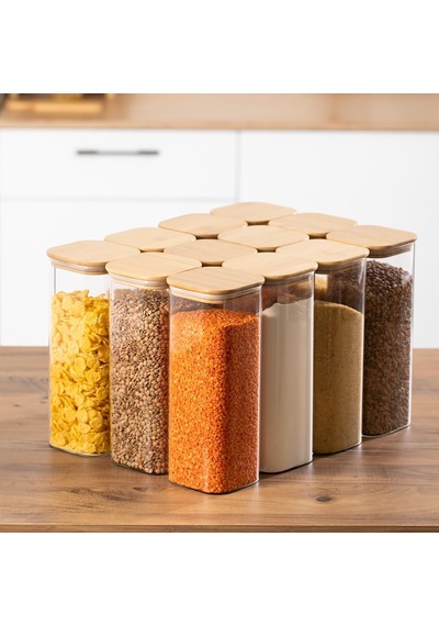 7-4 Bambu Vakumlu Kapaklı Kare Borsilikat Cam 12li Kavanoz Seti Saklama Kabı 1900ml 9,5x27cm Çok Renkli