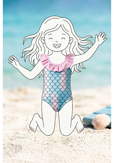 Zuzunga Kız Çocuk Mermaid Desenli Fırfırlı Mayo Mavi-pembe