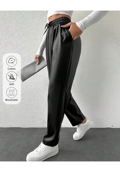 Kene Jeans Kadın Siyah Beli İpli Deri Jeans Siyah