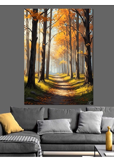 Ahşap Tablo Sonbahar Ormanında Işıklı Bir Yol