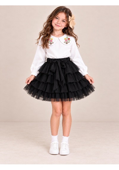 Kokoş Bebe Çiçek Yakalı Bluz Tüllü Etek Tokalı Kız Çocuk Takım - 5/12 Yaş - 31929 Siyah