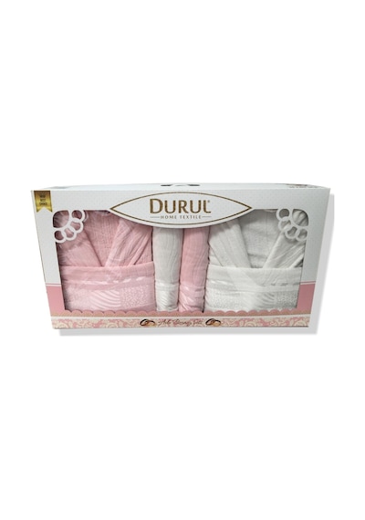 Durul Kadife Jakarlı Aile Bornoz Seti / Pembe - Krem Krem - Pembe