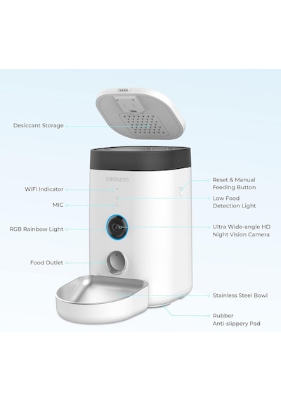 Dogness F10a Kameralı Otomatik Mama Kabı - 1080p Hd, Wi-fi Bağlantılı, 3.6 Litre