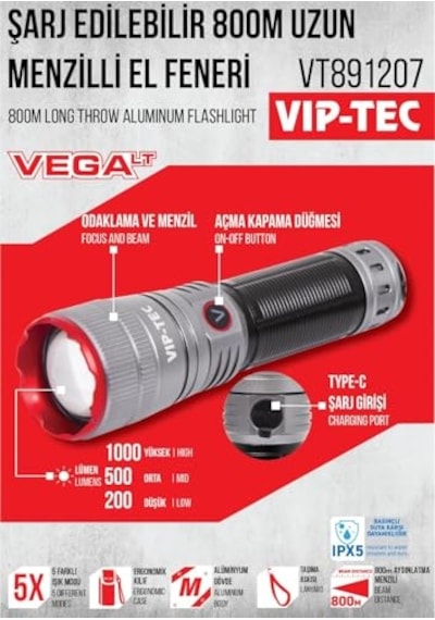 Tr Vt891207 Vega Lt 800m Uzun Menzilli Şarj Edilebilir Alüminyum El Feneri Koruyucu Kılıf
