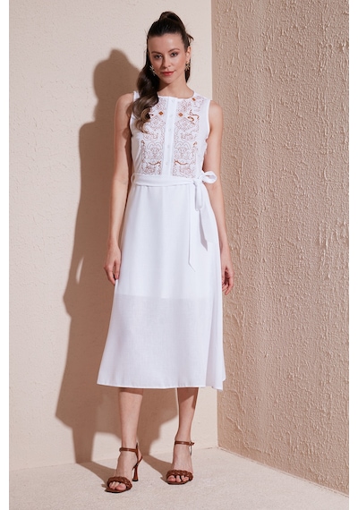 Lela Nakışlı Regular Fit Kolsuz Midi Bayan Elbise 611El00959 Ekru-Camel
