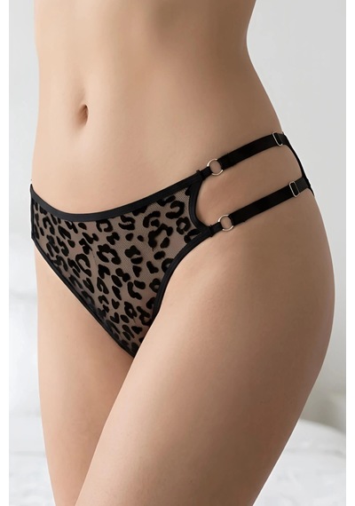 Leyna Siyah Leopar Desenli Çift Yan Bantlı Ayarlanabilir String Külot Tm1511