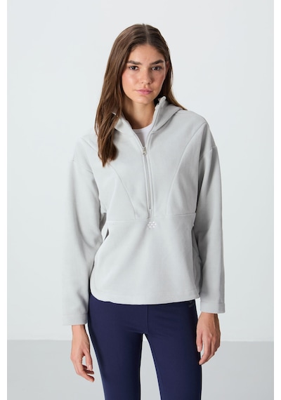 Tommy Life Taş Kalın Yumuşak Dokulu Kapüşonlu Oversize Nakışlı Polar Kadın Sweatshirt -97286 Taş