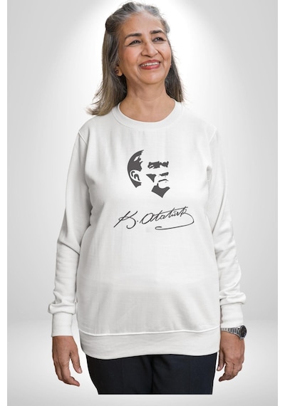 Kemal Atatürk İmza Ve Silüet Kadın Erkek Beyaz Baskılı Sweatshirt Beyaz