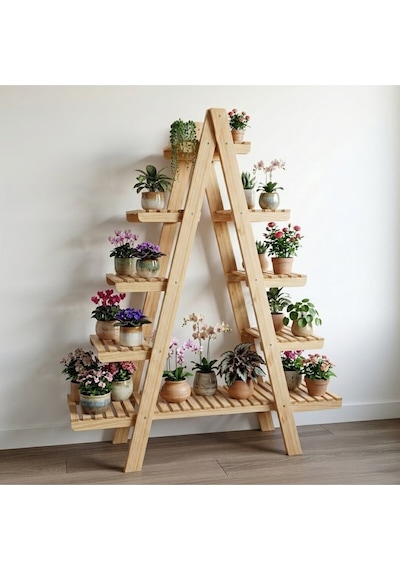 Wooddecor 5 Katlı Ahşap Merdiven Çiçeklik - 120x100 Cm Geniş Raf Standı Bej