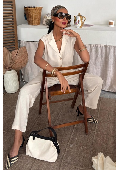 WeShaya Kadın Ekru Kolsuz Polyester Crop Dokuma Takım Ekru