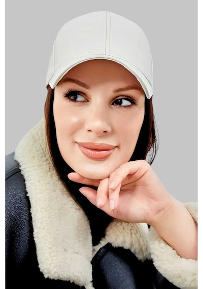 Unisex %100 Deri Arkadan Ayarlanabilir Kep Şapka Ekru