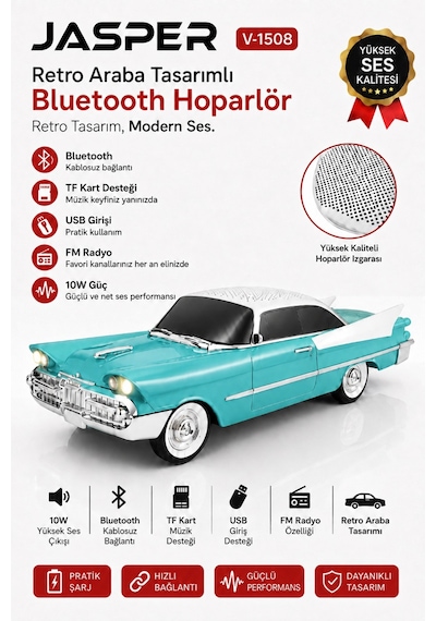 Jasper Jpr-1508 Nostaljik Araba Tasarımlı Bluetooth Hoparlör 10w Güçlü Ses Fm Radyo Usb Tf Kart Destekli 00572138