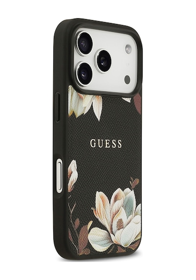 Apple Uyumlu iPhone 17 Pro Kılıf Guess Lisanslı M-safeli Taneli Çiçek Tasarımlı Metal Yazı Logolu Siyah Siyah